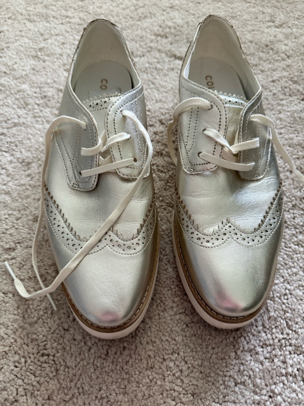 Cole Haan Silver Metallic Wingtip Oxford Flats - Women
